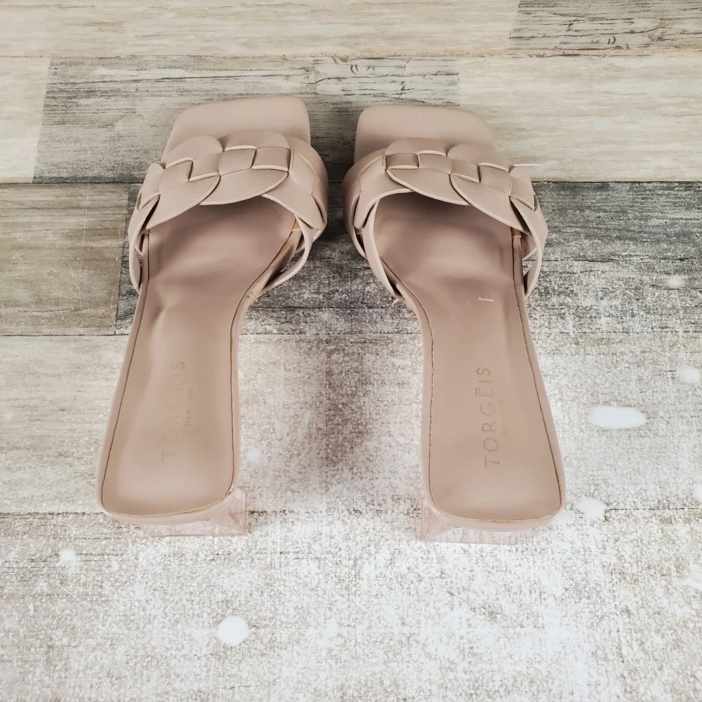Torgeis‎ New York Ela Womens Slide Sandals Sz 6.5 Baige Faux Leather Block Heel